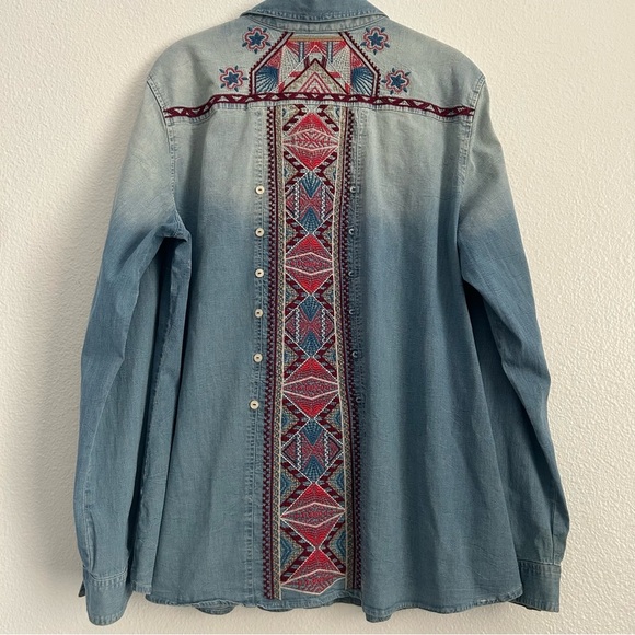 Johnny Was Blue Embroidered Chambray Shirt | Size Large - Picture 5 of 7